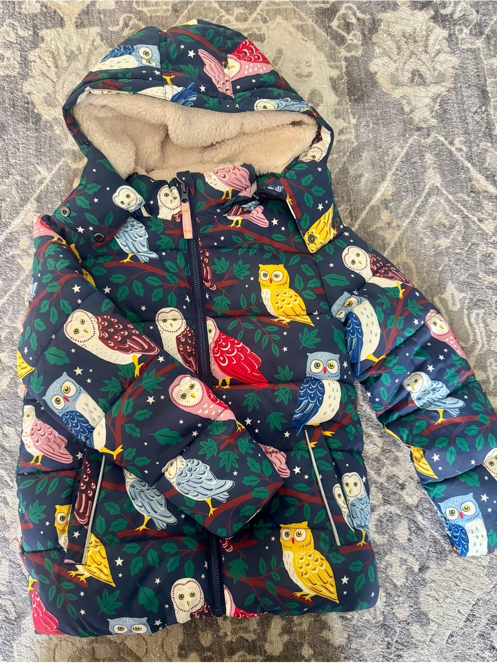 Boden Owl print Sherpa puffer Jacket